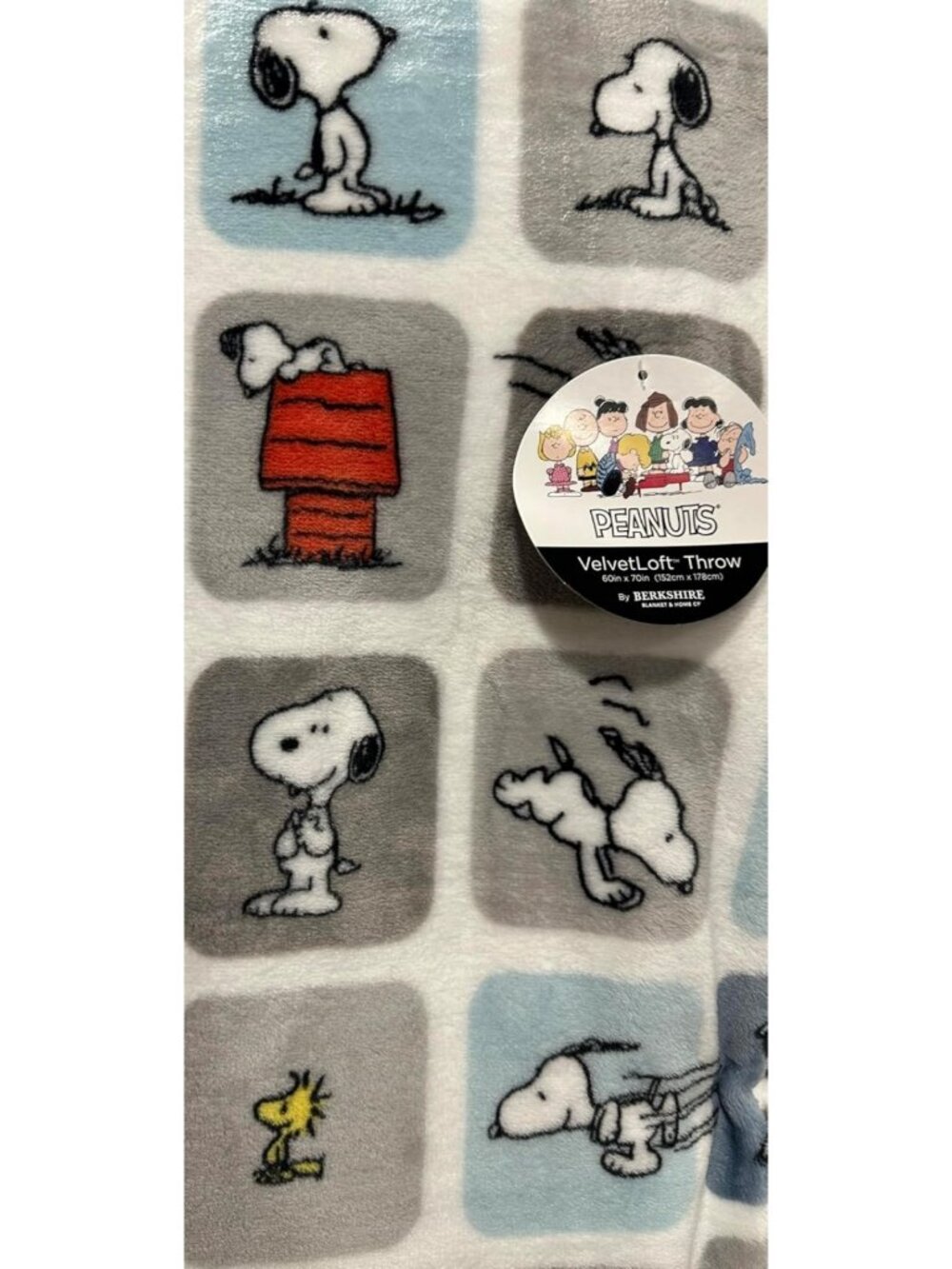 Cozy Peanuts Throw Blanket 60'' x 70'' - Soft Grey/Blue Blocks for Home Decor